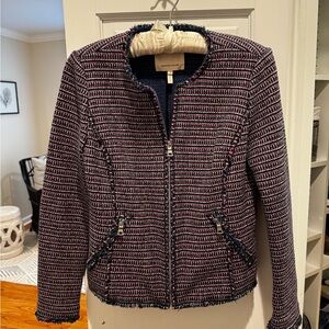 Rebecca Taylor XS Blue & Pink blazer, silver zipper accents & fringe edges.